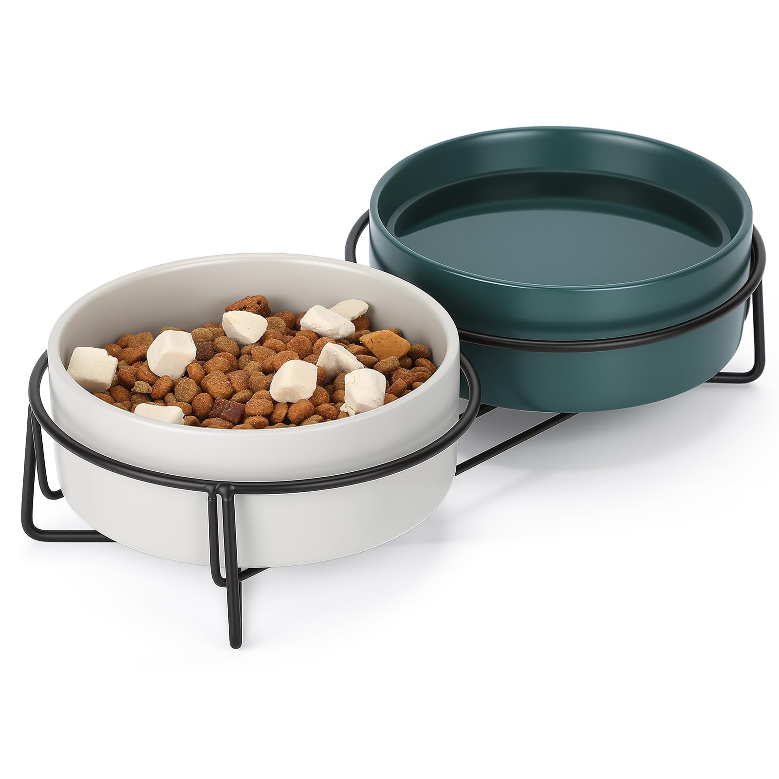 PETTOM Gamelle Chat Céramique Surélevée Double 2x400ml, Bol Chat avec Support Métal Anti Renversement pour Croquette Eau, Vert+Gris