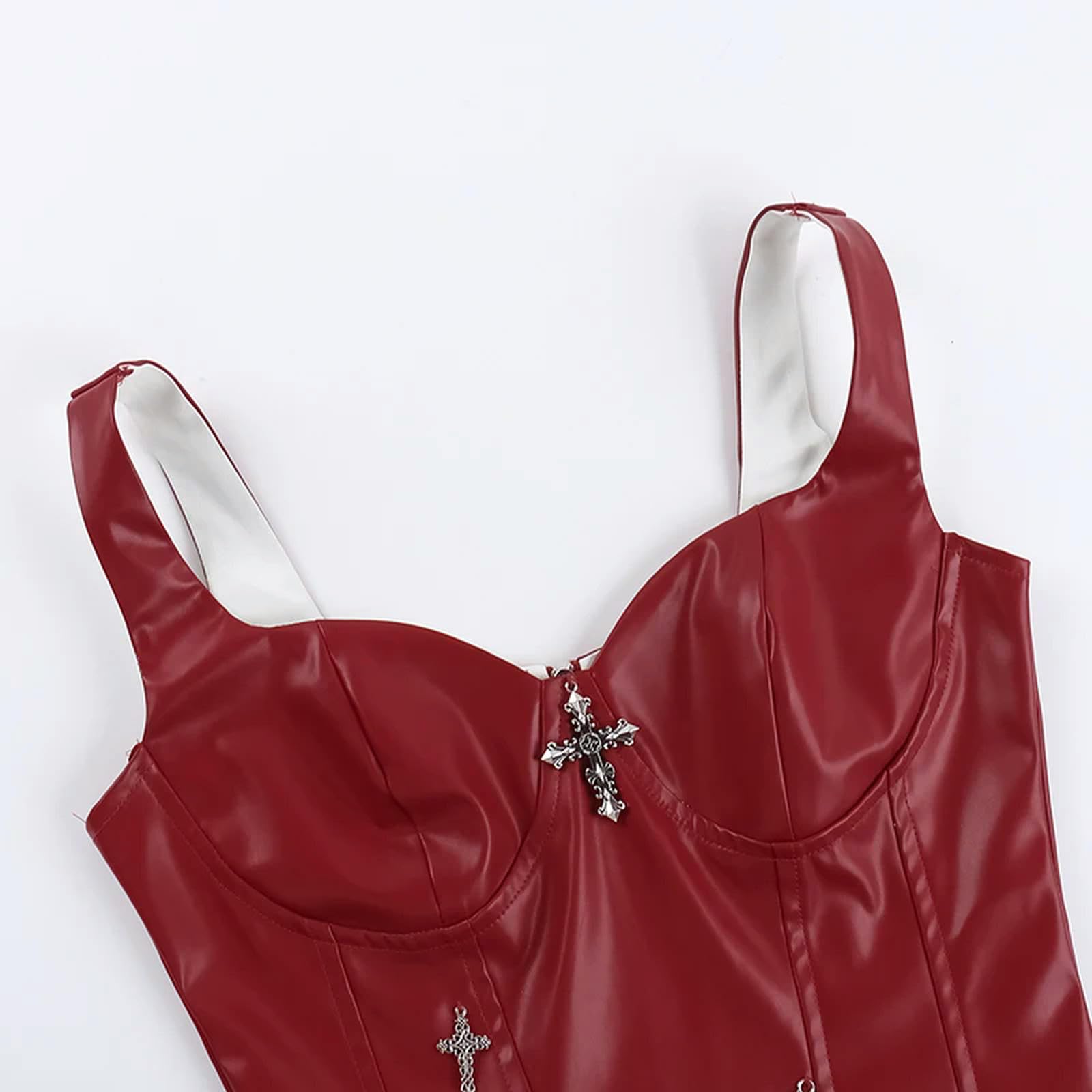 Corsetto con Cerniera Bianca per Donna, Scollo Quadrato, Bustier in Raso, Canotta Elegante, Festa Estiva-Rosso-M