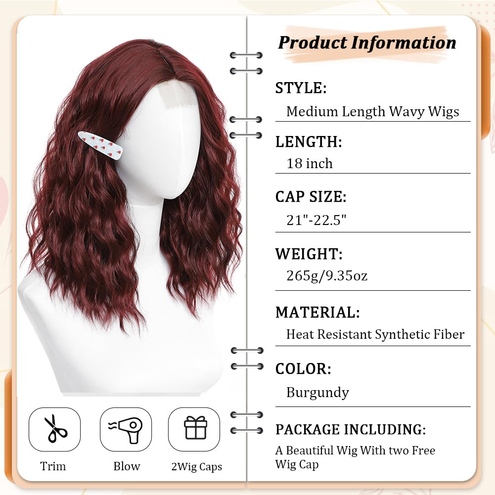 Burgundy Red 18 Inch Middle Part Wavy Wigs for Women Medium Length Synthetic Hair Soft Curly Wigs for Daily Use - Image 2