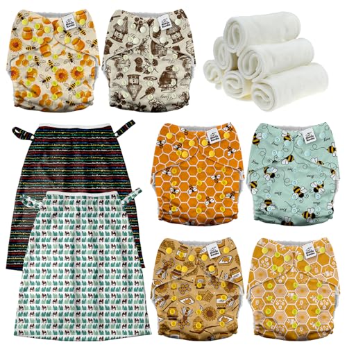Mama Koala 3.0 Baby Cloth Diapers with 6 Inserts Bundle(Hardworking Bees), with 2 Pack Reusable Pail Liner