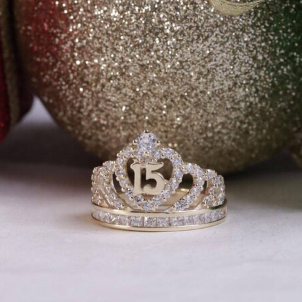 SilverDia 1.50 Ct Round Cut Diamond Quinceañera New Design Band Ring 14K Rose Gold Plated Heavue 15 Anos Ring 925 Sterling Silver Queen Crown Ring Cute Handmade 15th Birthday Ring Daughter Gift