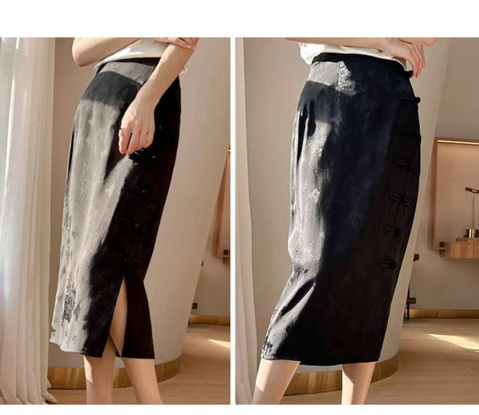 Jupe Droite en Satin De Soie pour Femme - Été Mi-Longue Taille Haute Jacquard Rétro Style Chinois Boucle Cheongsam Jupe Fendue À La Hanche, Jupe Drapée Souple Et Soyeuse À La Mode,Noir