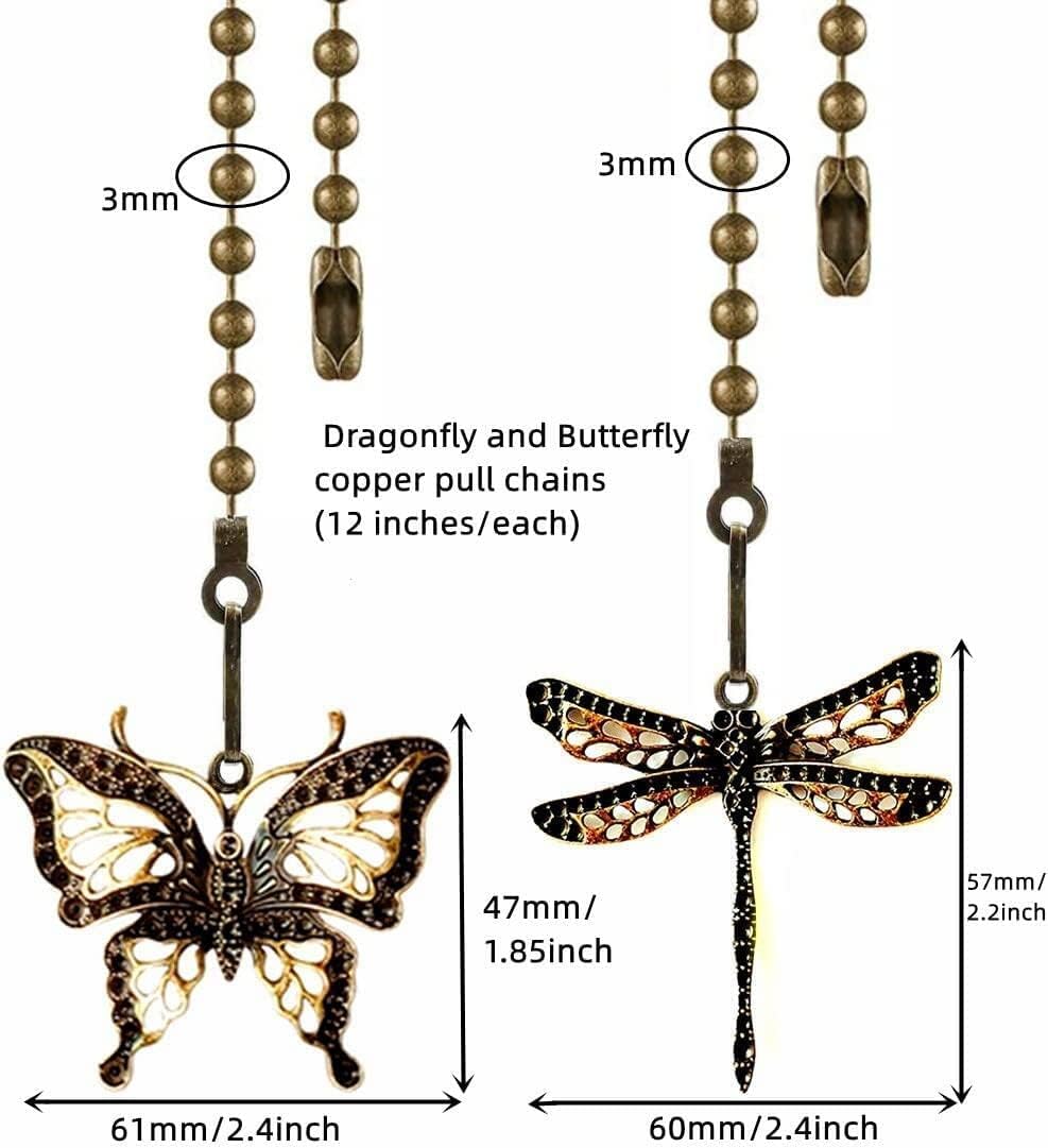 Bronze Ceiling Fan Pull Chain Set,12 Inches Lighting & Fan Beaded Ball Fan Pull Chain Extender with Connector,2 Pcs Dragonfly and 2 Pcs Butterfly
