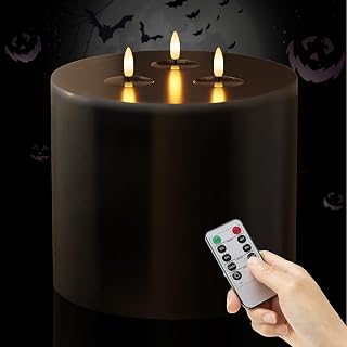 Extra Large Black Flameless Candles with 3 Wicks, 6"x6" Real Wax Halloween Candles with Remote, Battery Operated Candle Flickering LED Candles Fake Candle for Halloween, Home, Party