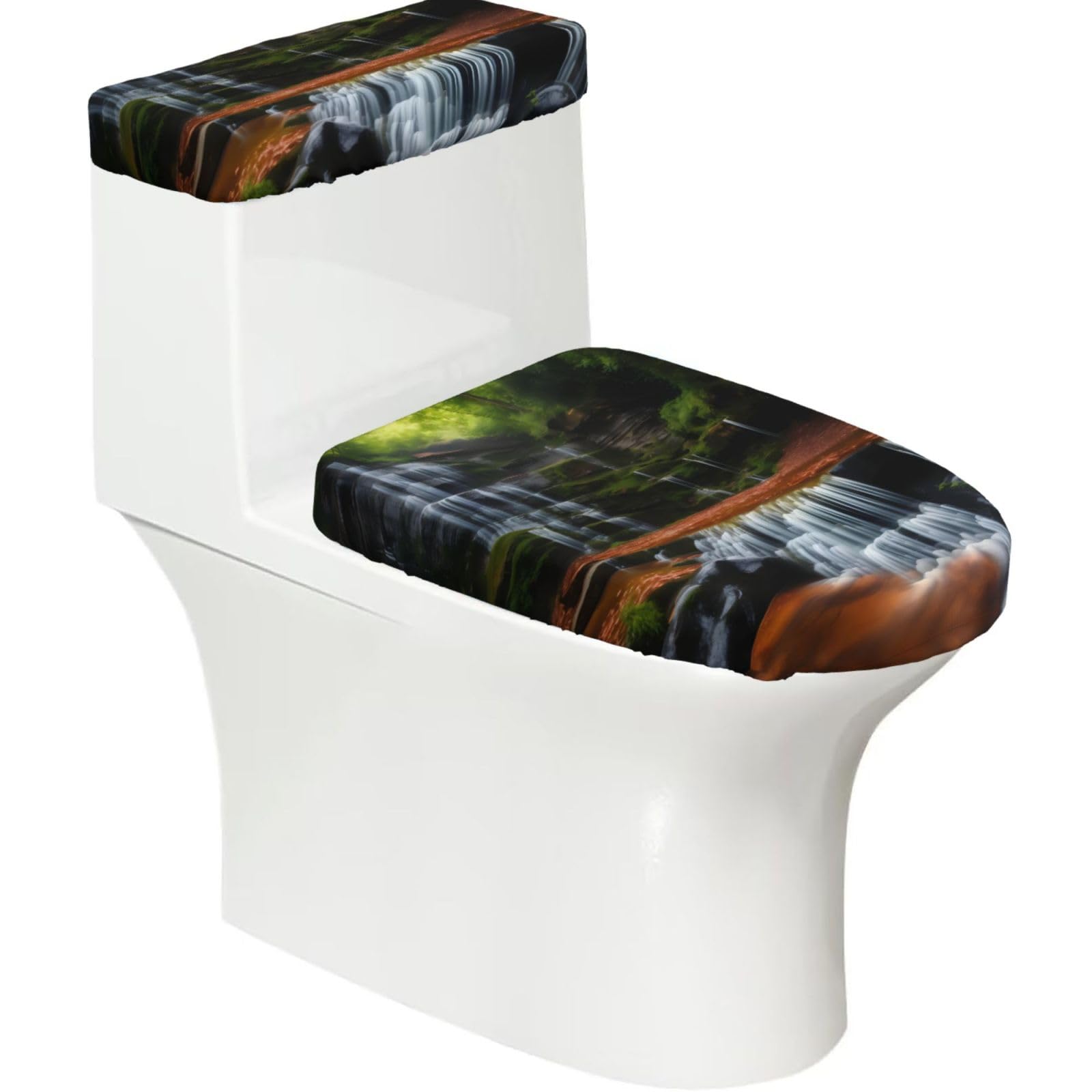 Waterfall View Elastic Toilet Cover Set of 2-Stretchy Lid and Tank Covers for Bathroom, Soft Washable U Shape Toilet Decor