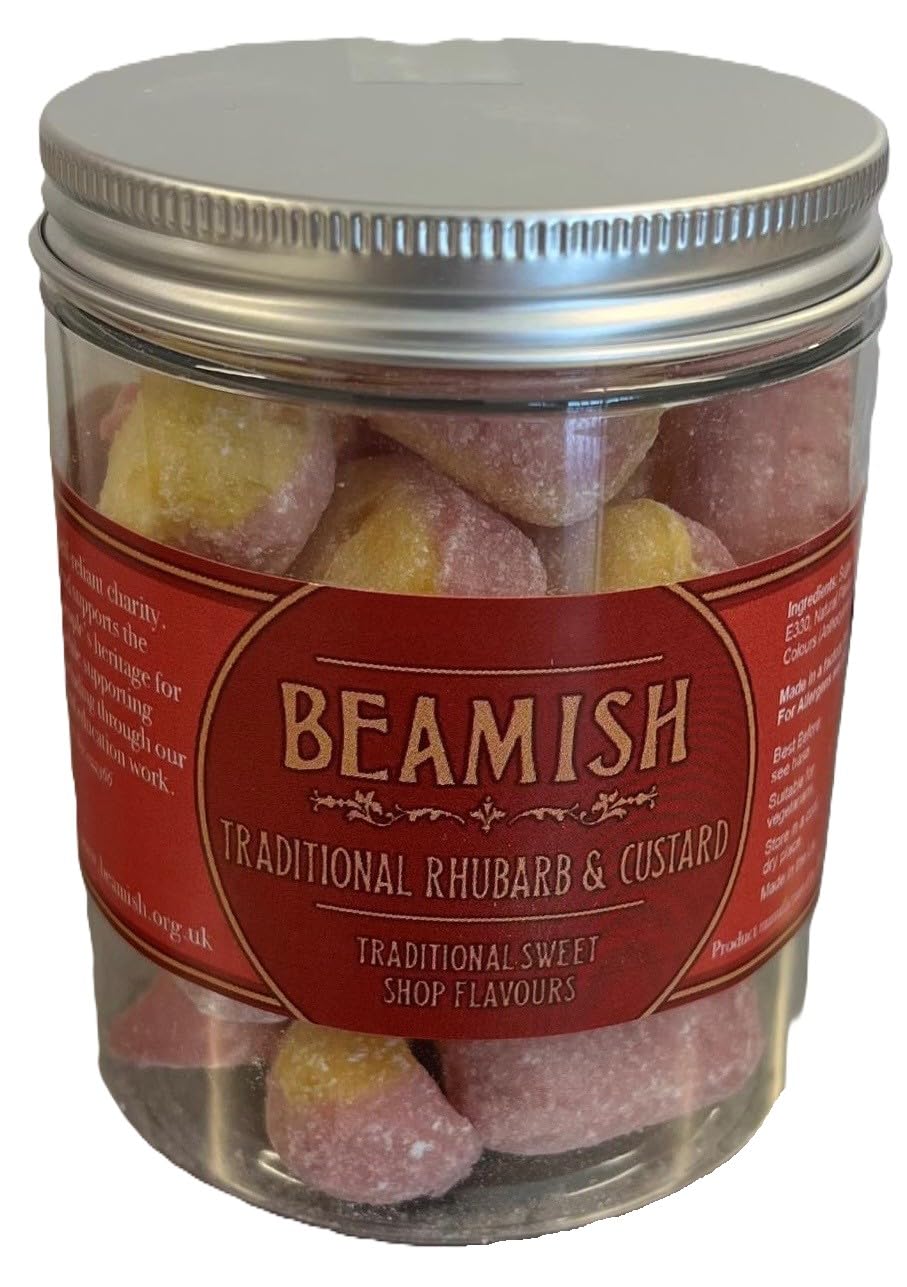 Beamish Branded - Natural Rhubarb and Custard Candy Jar, 200g - Traditional Rhubarb and Custard Sweets