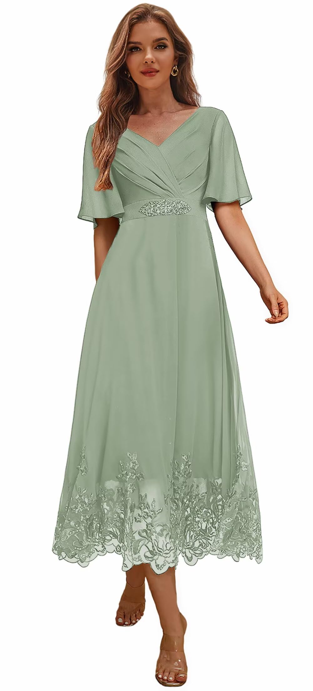 Tea Length Mother of The Bride Dresses for Women V Neck Beaded Chiffon Evening Formal Dress with Sleeves Short