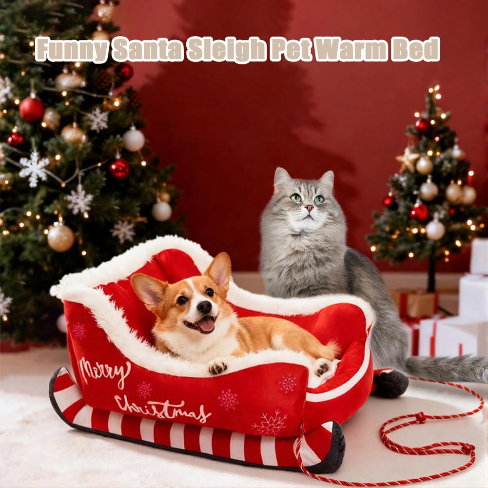 Cuccia per cani a forma di slitta natalizia, cuccia calda per animali domestici a forma di slitta di Babbo Natale, cuccia natalizia lavabile in peluche per gatti con base antiscivolo (Rosso, L)