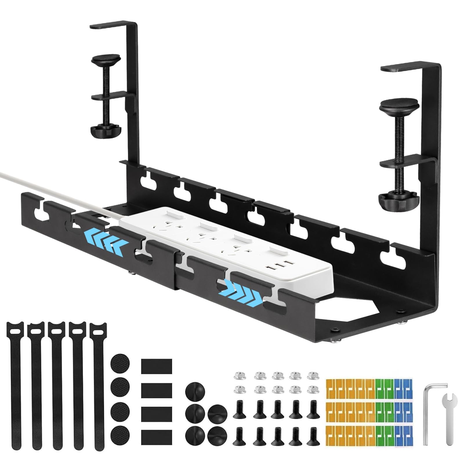 Cable Management, Plateau de Gestion des Câbles sous Bureau sans Perçage, Rétractable 28,7cm-55cm, Organisateur de Câbles et Multiprises pour Bureau à Domicile, Noir