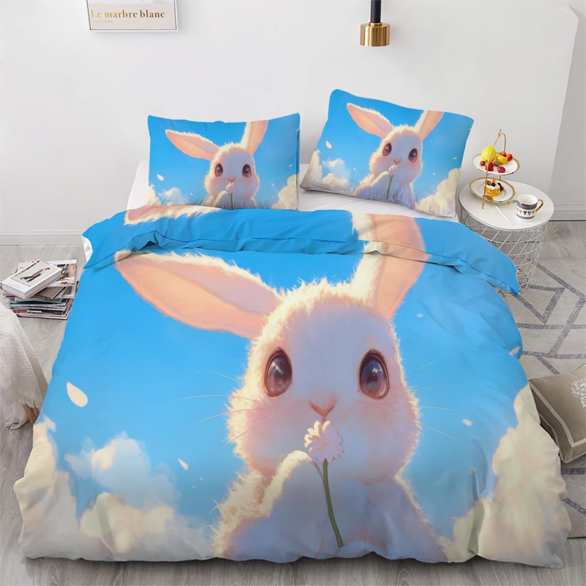 Housse de couette 140x200 3D imprimé lapin parure de lit en microfibre douce