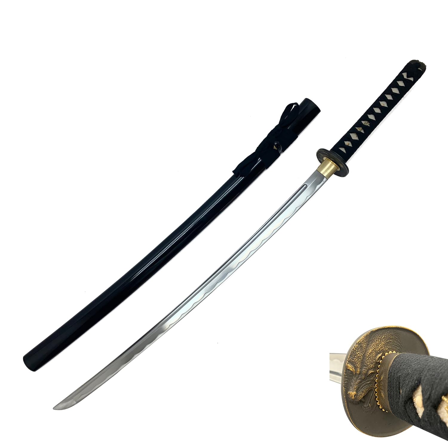HMS Japanese Samurai Katana Unsharpened Training Sword, Wolf Tsuba, Functional, Handmade, Aluminum Alloy, Full Tang