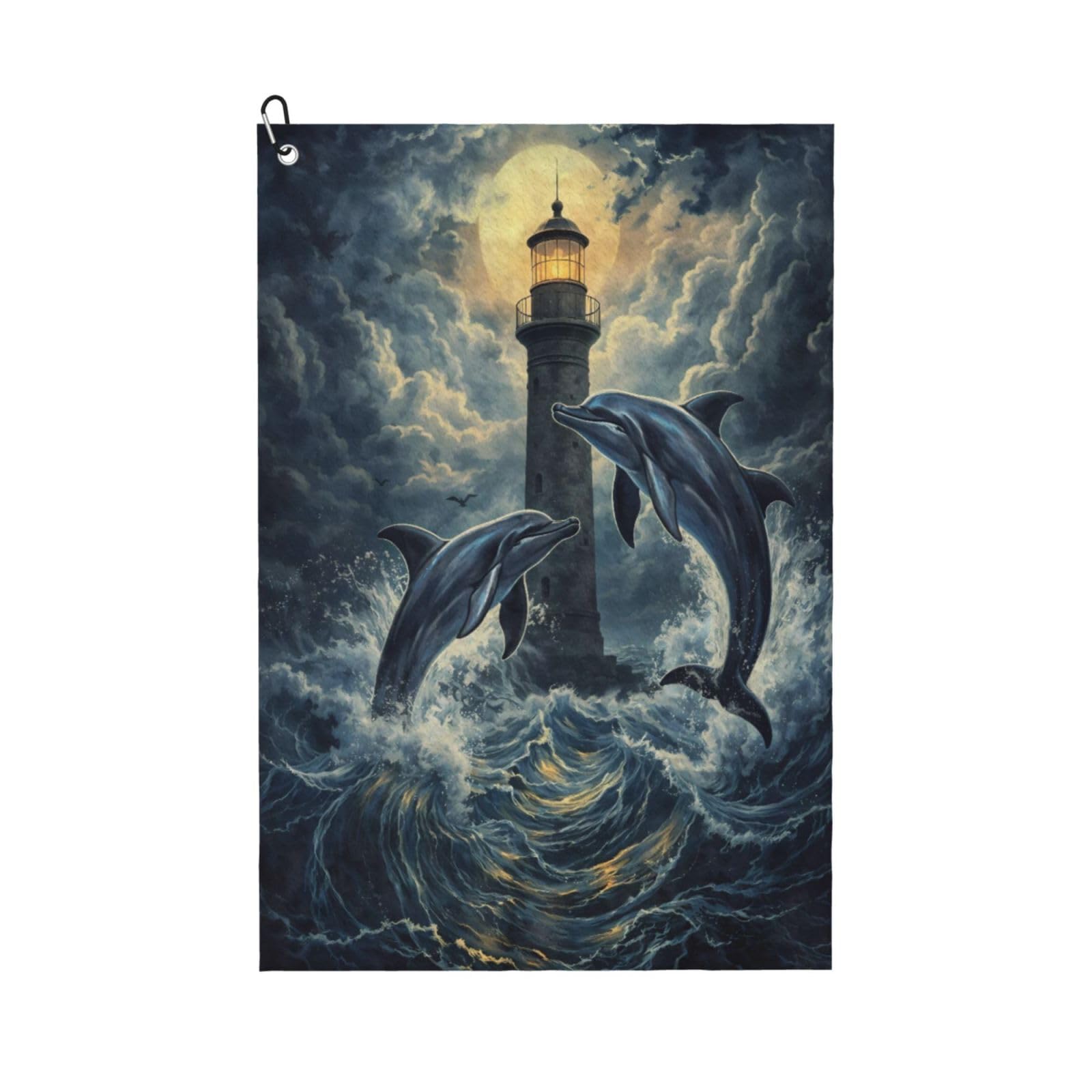 Oudrspo Moonlit Dolphin & Lighthouse Multi-Functional Golf Towel | Absorbent Quick Drying 16x24in