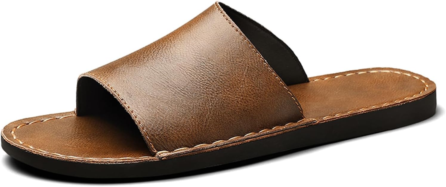 Men's Leather Flat Slides Sandals with Hand Stitched Comfortable Open Toe Soft Platform Slip On Slippers Summer Anti-Slip Beach Walking Sandals
