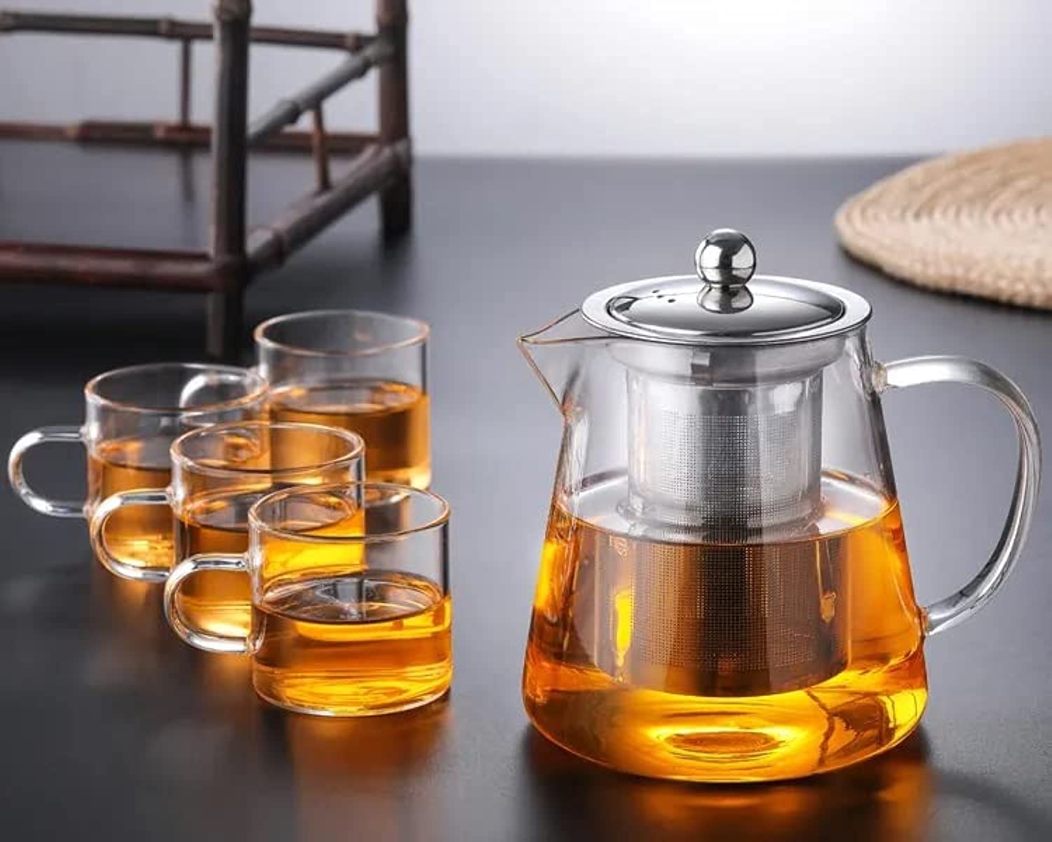 Tea, Kahwa & Coffee Pot Set of 5 (1 Kettle + 4 Cups) with Stainless Steel Strainer/Infuser - Heat Resistant/Stovetop Safe Brosilicate Glass - Kattle of 950 ml with 4 Cups of 100 ml each