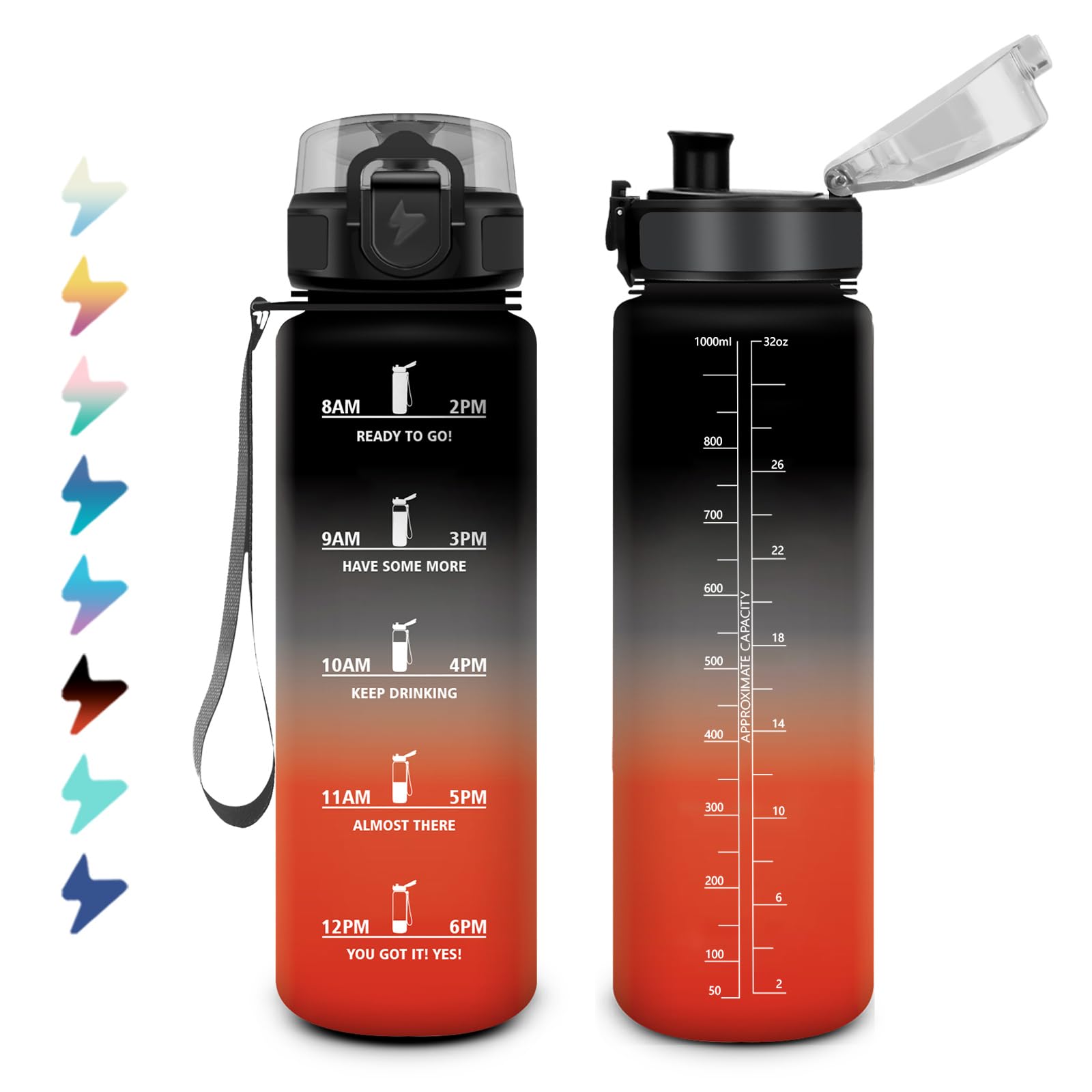 Sports Water Bottle, 1 Litre, Motivational Water Bottle with Time Marking, Leak-Proof, Water Bottle with Filter, Suitable for Carbonated Drinks, Sports Bottle for Fizz, Bike, Running, Adults, Yoga