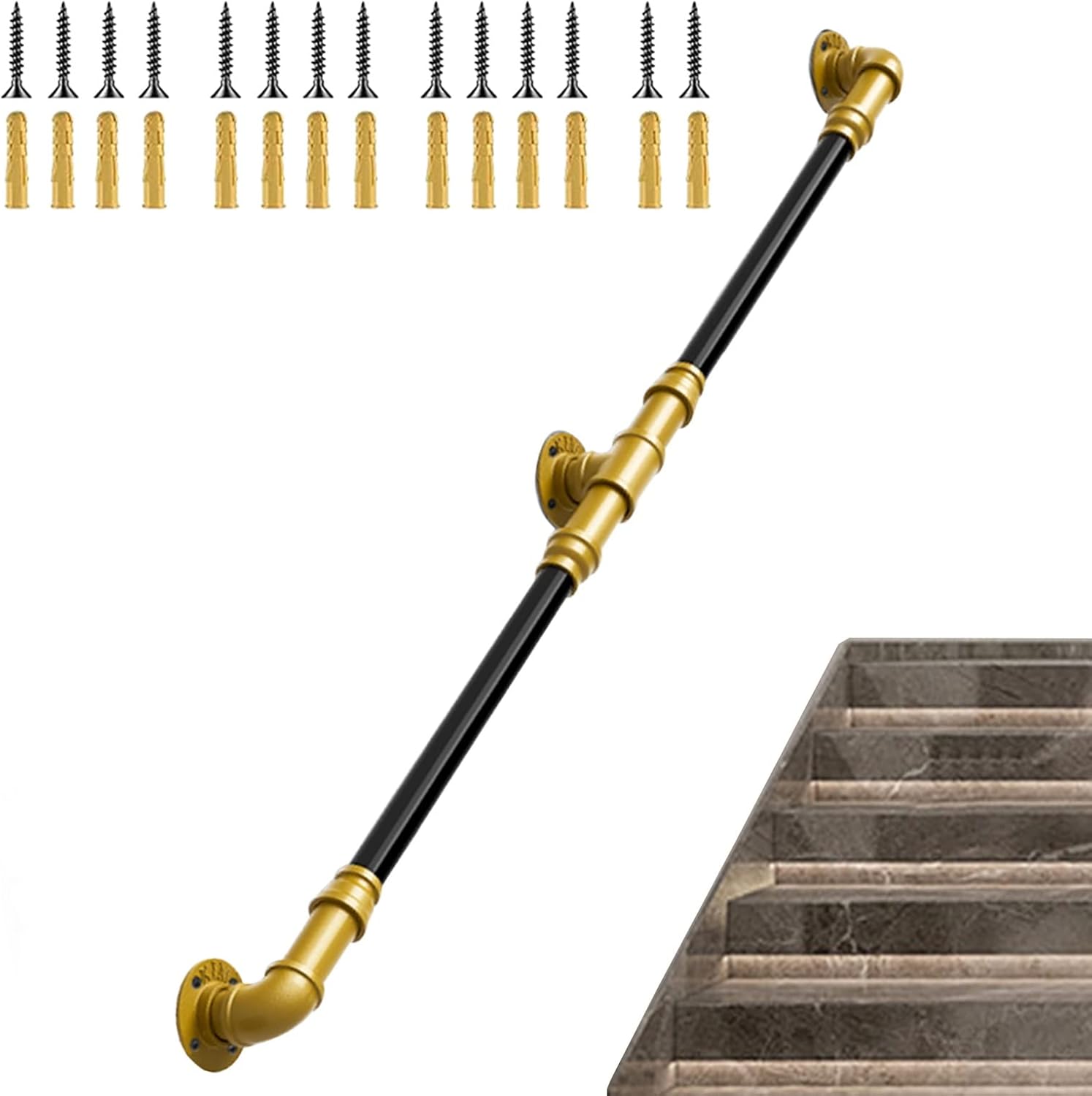 Black Pipe il with Gold Bracket for Indoor Stairs Support Rod for Household & Commercial Buildings (13.1ft/400cm)