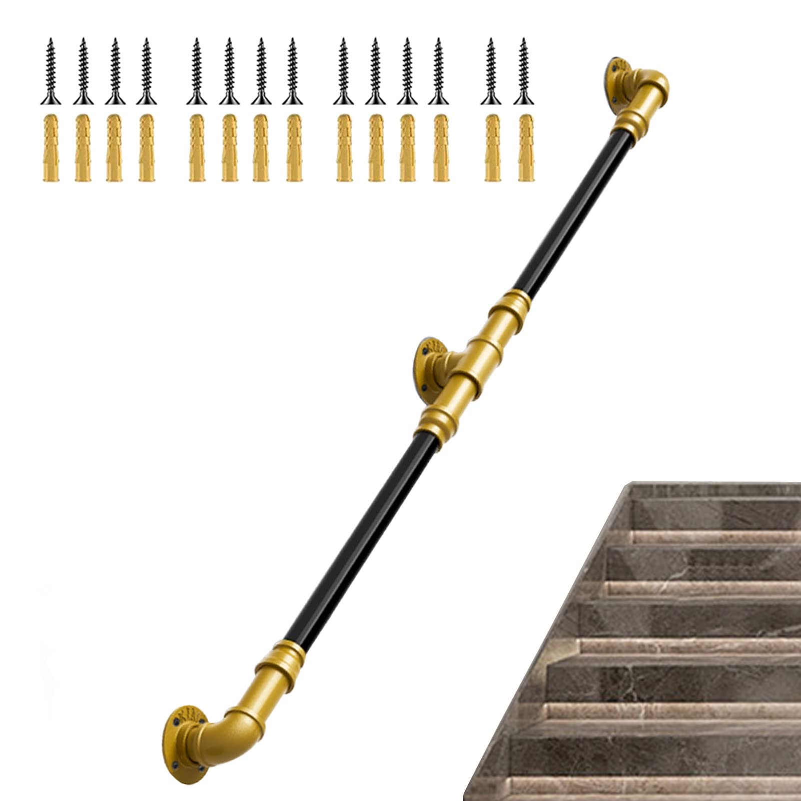 GLDYTVF Black Pipe Staircase Handrail with Gold Bracket Indoor Steps Hand Rail for Household & Commercial Buildings Support Rod for Safety 17ft/510cm