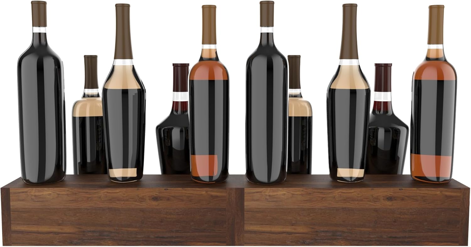 TONGMO 2 Pack Liquor Bottle Stand - 2 Tier Liquor Bar Bottle Display Shelf, Holds 16Bottles, Real Wood, Easy to Clean, No Installation Required - 15.8 Inch Each (Dark Walnut)