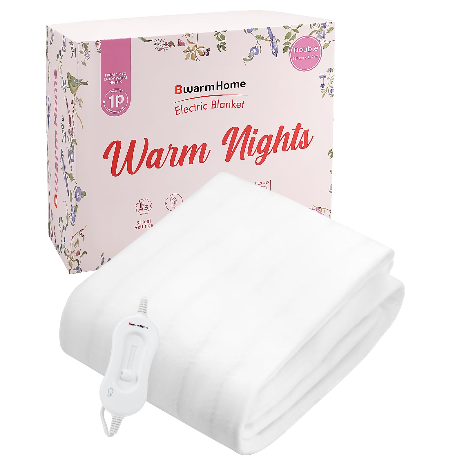 BWARM HOME Manta eléctrica doble de 135 x 120 cm, manta eléctrica térmica, 3 ajustes de calor, protección contra sobrecalentamiento, correas de fácil ajuste, lavable a máquina