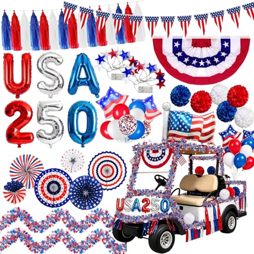 LAIAMER 4th of July Golf Cart Decorations Kit,250th Patriotic Parade Car Decoration,Red White Blue Tinsel Garlands, Pleated Fan Flag,Paper Fans, Pom Poms, Balloons for Independence Day Memorial Day