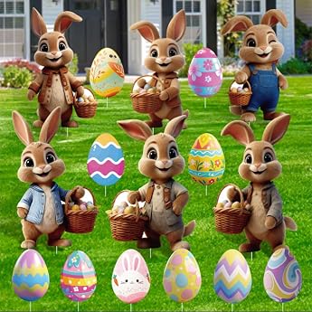 Pack of 16 Easter Bunny Garden Stakes 2D Easter Eggs Advertising Signs Yard Sign Easter Decoration Outdoor 2026 Spring Decoration Easter Bunny for Garden Lawn Yard Decoration
