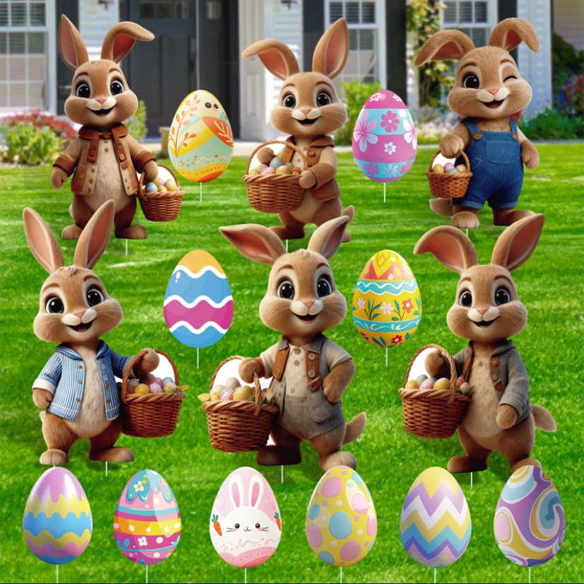 MaxEarn 16 Stück Osterhasen Gartenstecker, 2D Ostern Ostereier Werbeschilder, Hof Schild Ostern Deko Outdoor, 2026 Frühlingsdeko Osterhasen für Garten, Rasen, Yard Dekoration