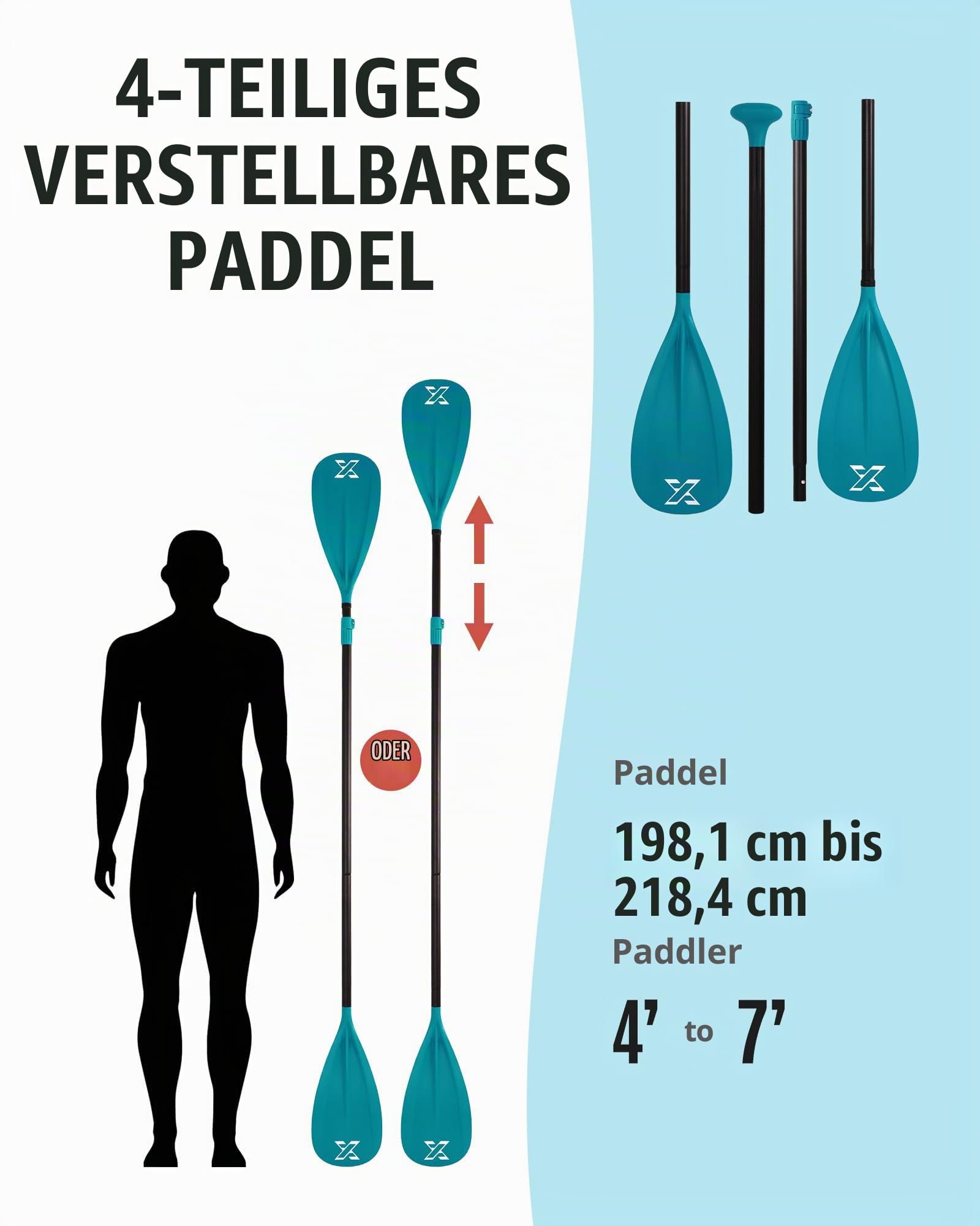 ZLX Sup Paddel 167-208cm,3 oder 4 Abnehmbaren Teilen,Verstellbares paddel für Stand-up Paddling mit Glasfaser Blade Perfekt für Surfen und Wassersport Vergnügen,kajak paddel,Stand Up Paddle Zubehör