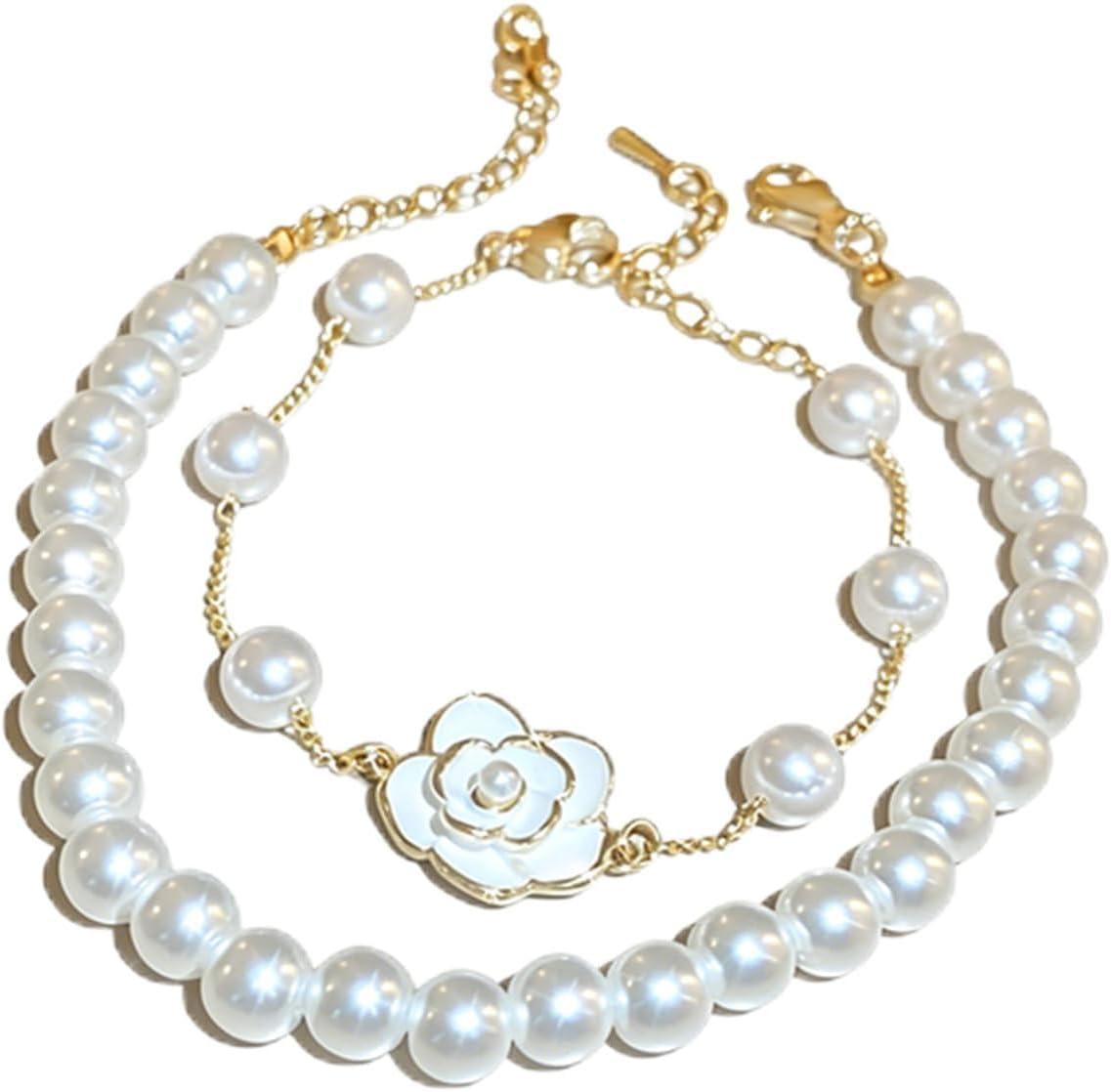 Pearl Bracelet for Women, Baroque Pearl Bracelets, Adjustable Gold Plated Camellia Charm Bracelet, Fashion Jewelry Gifts for Mom, Wife, Friends