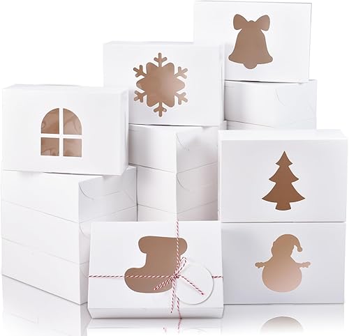 Vista 31 de COTOPHER 18 cajas de galletas de Navidad con ventana, cajas blancas de panadería de 4 x 4 x 2.5 pulgadas para regalo, mini cajas de pastel
