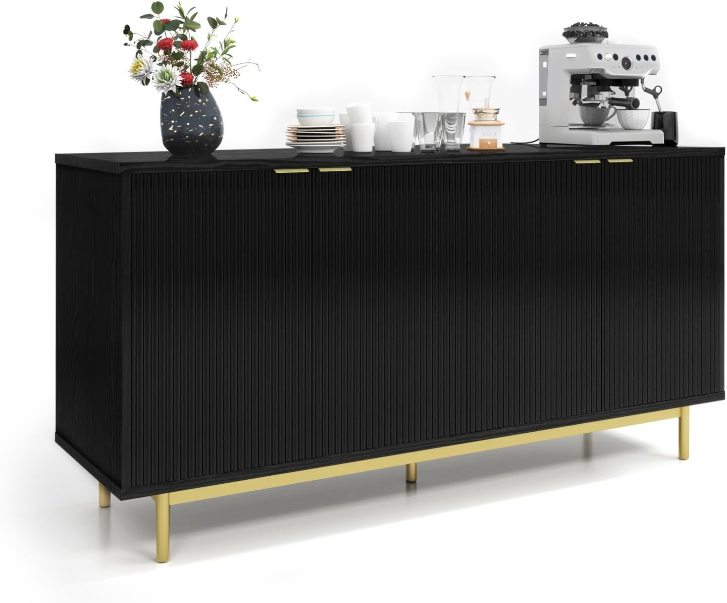 MUUEGM Sideboard Buffet Cabinet with Storage, 58" Large Kitchen Storage Cabinet with Shelves and 4 Fluted Doors, Modern Console Table for Kitchen, Dining Room, Hallway(Black)