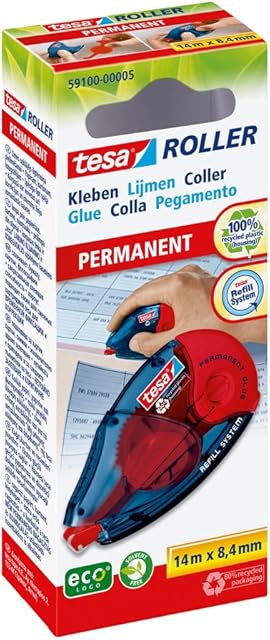 tesa Roller Permanent Gluing ecoLogo - Refillable Glue Roller with Tear-resistant Tape & Double-sided Adhesive Film - Solvent-Free - 14 m x 8.4 mm