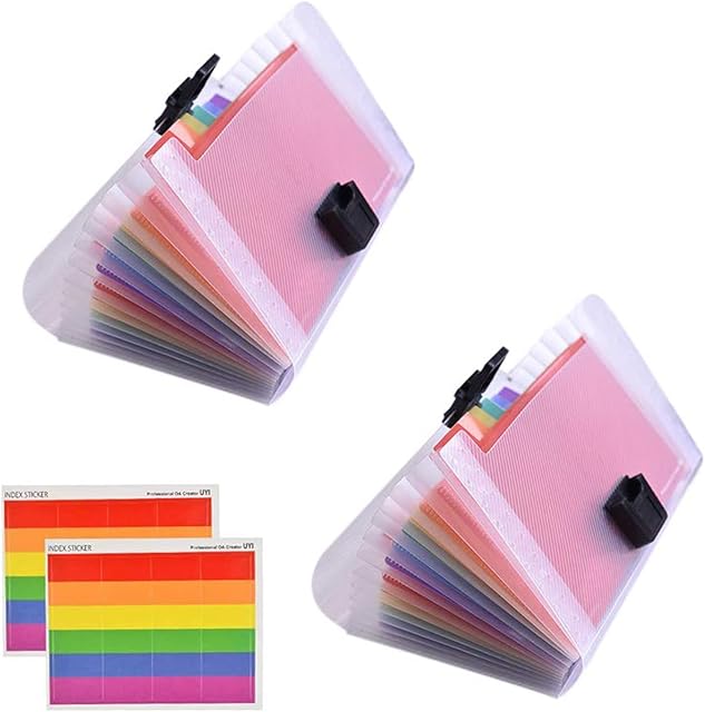 2 pcs Mini Document File, 13 Pockets Small Accordion File Organizer Plastic Expanding Ticket Folders Colored 24 Labels Index Case(7.1 x 4.45 x 1.1 inch)