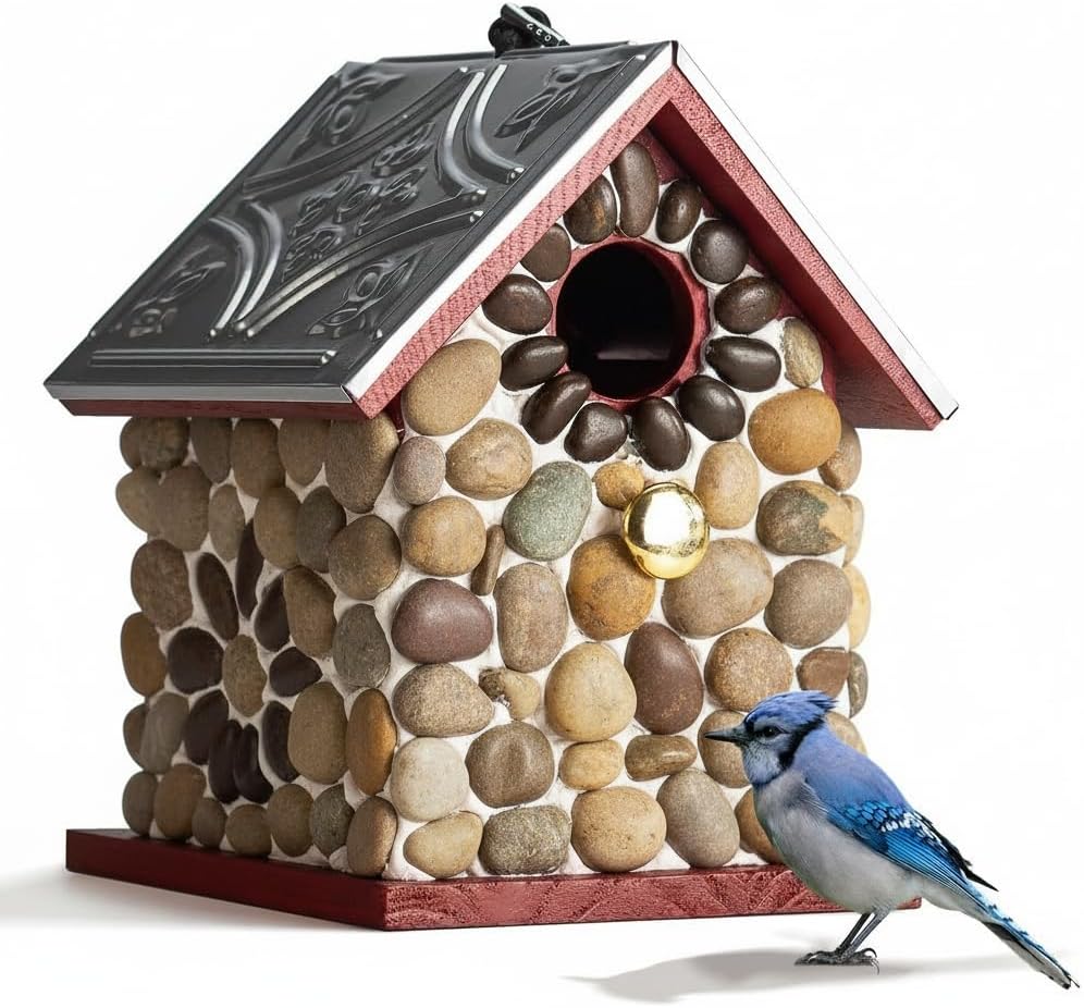 Premium River Pebble Bluebird House – Cedar Wood Outdoor Birdhouse with Embedded Metal Roof, Weather-Resistant Garden Nest Box for Wild Birds, Hanging & Pole Mountable (Red)