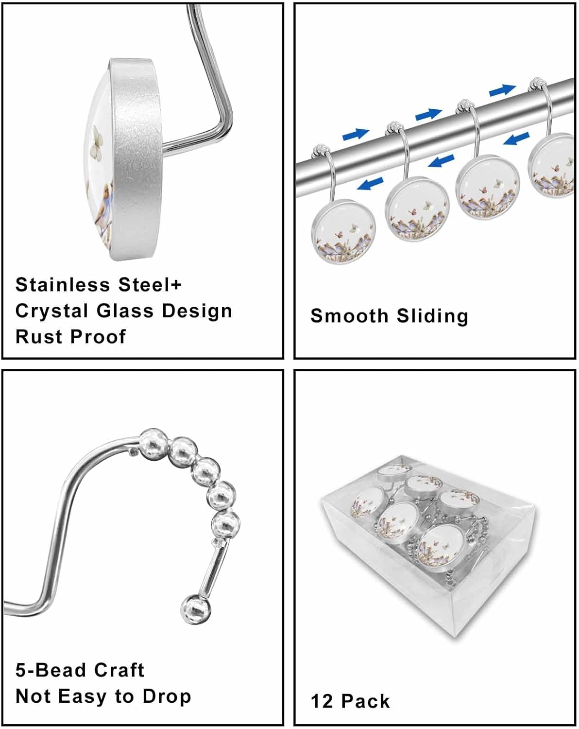 Shower Curtain Hooks 12 Pcs Cute Little Bird and Butterfly Pattern Stainless Steel Rust Proof Rolling Shower Curtain Rings, Decorative Shower Curtain Hooks Hangers for Bathroom