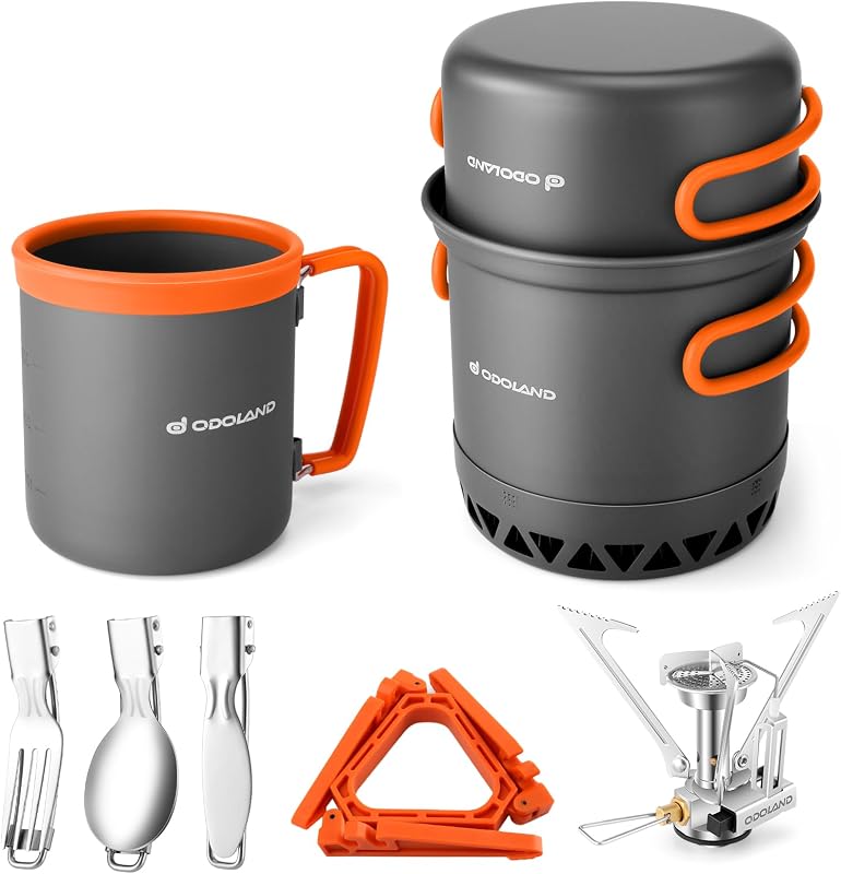 Ollas de camping con intercambiador de calor Juego de cocina de camping con estufa de camping portátil El kit de desorden de camping incluye taza, juego de utensilios plegables, estabilizador de recipientes para mochilas Senderismo al aire libre y picnic