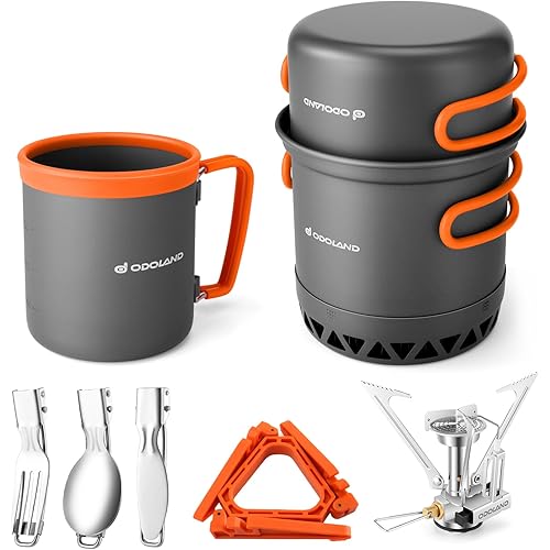 Odoland Camping Pots with Heat Exchanger Camping Cooking Set with Portable Camping Stove Camping Mess Kit Include Mug, Folding Utensil Set, Canister Stabilizer for Backpacking Outdoor Hiking & Picnic