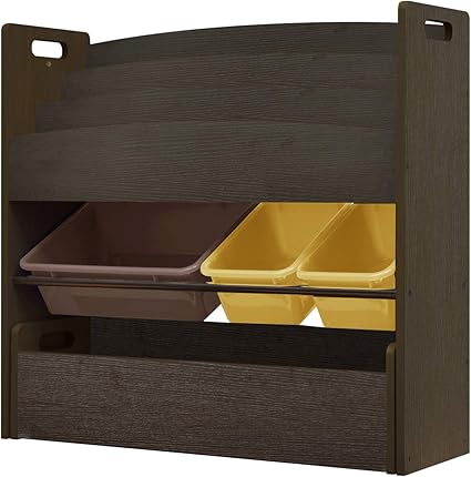 Amazon Co Jp Rizkiz 絵本棚付おかたづけ収納ラック エッジクッション付き ダークブラウン ベージュ ブラウンボックス 幅86 5cm ワゴン付き おもちゃ箱 おもちゃ収納 トイラック トイボックス マガジンラック おもちゃラック 本棚 ホーム キッチン