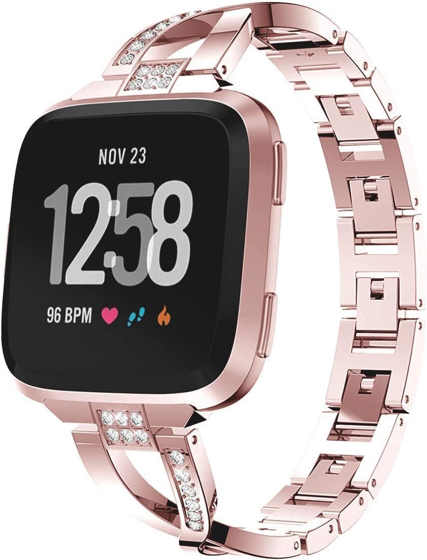 Aiiko Band Compatible with Fitbit Versa/Versa 2/Versa Lite,Fashion Design Stainless Steel Metal Smart Watch Band Bracelet with Crystal Rhinestone Diamond Bling Replacement for Fitbit Versa