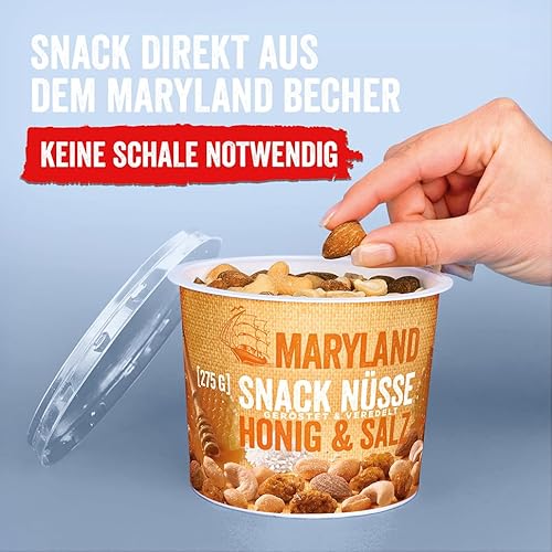 Maryland Snack Nüsse Honig & Salz 275g Becher Vorratspack - Erdnüsse, Cashewkerne und Mandeln in Nussmischung - Süß & salzig - wiederverschließbarer Becher (6 x 275g)