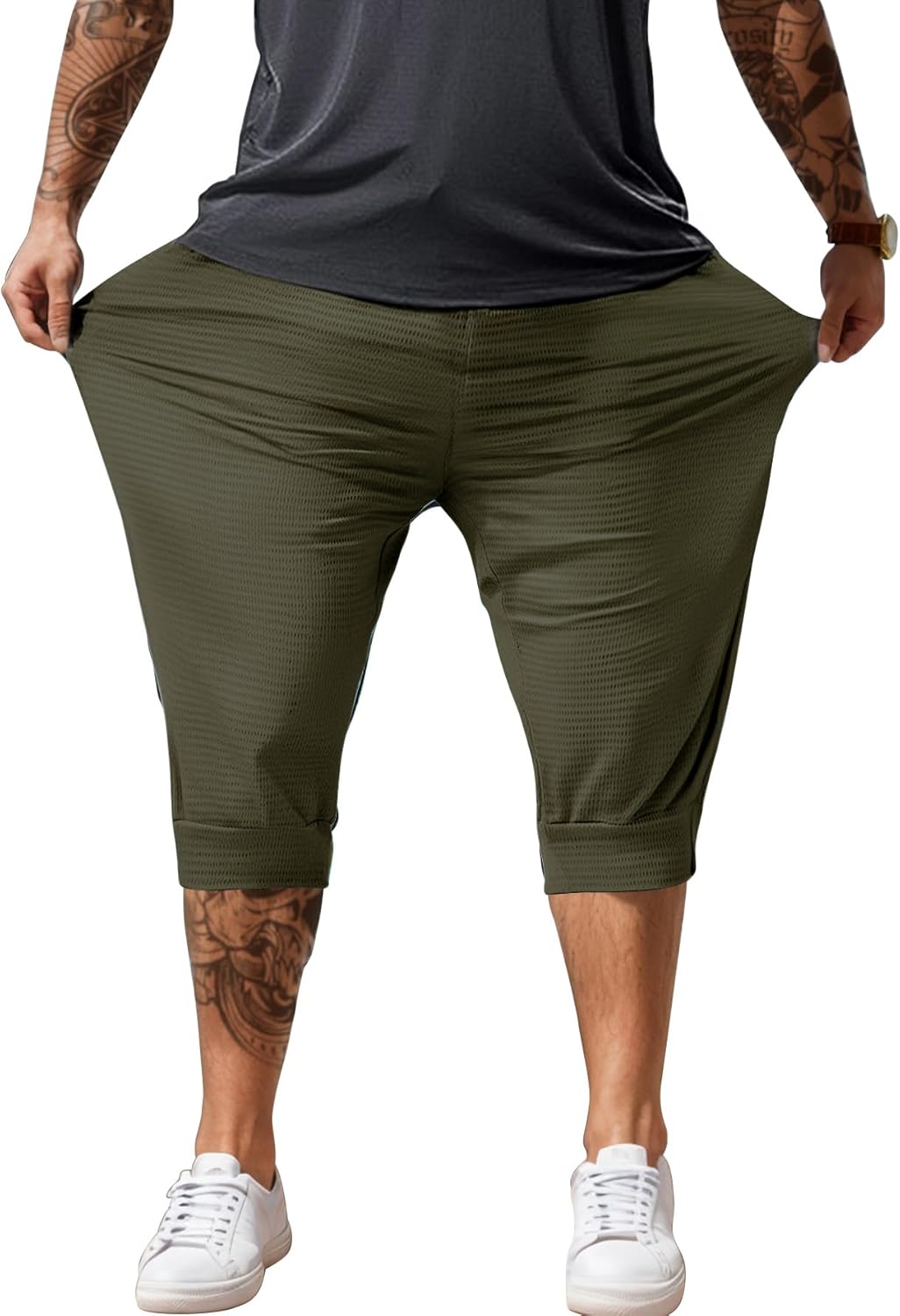 Men's Capri Pants 3/4 Long Jogger Sport Shorts,Workout/Gym/Yoga/Beach Shorts Quick Dry with Zipper Pockets