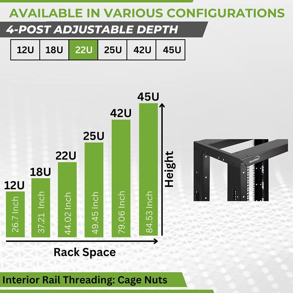 NavePoint 22U Professional 4-Post IT Open Frame Server Network Relay Rack 800mm Casters Black - Image 3