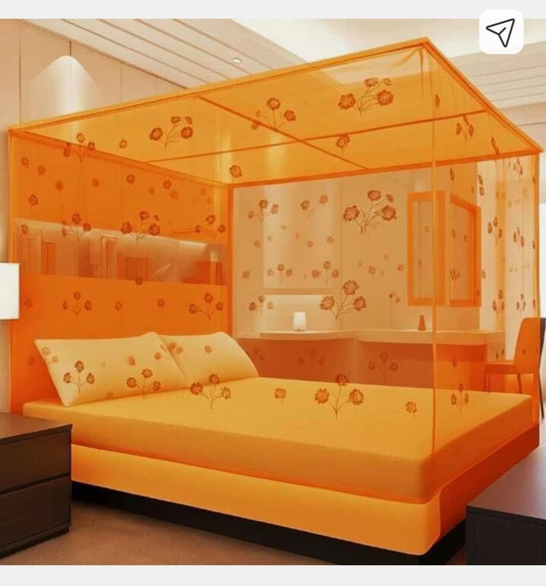 Orange Floral Print Square Mosquito Net for Double Bed | 4-Corner Canopy Style, Floral Design, Full Coverage, Bedroom Decor, Insect Protection-image-17