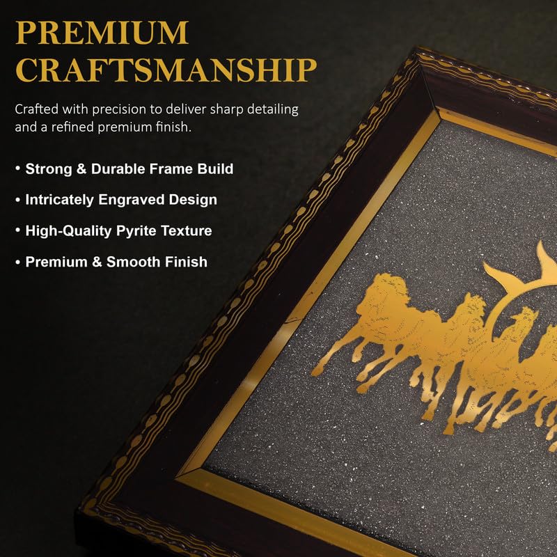 Image of 7 Running Horses Wall Frame with Rising Sun, Vastu Decor for Success, Power & Career Growth, Gold Wall Art