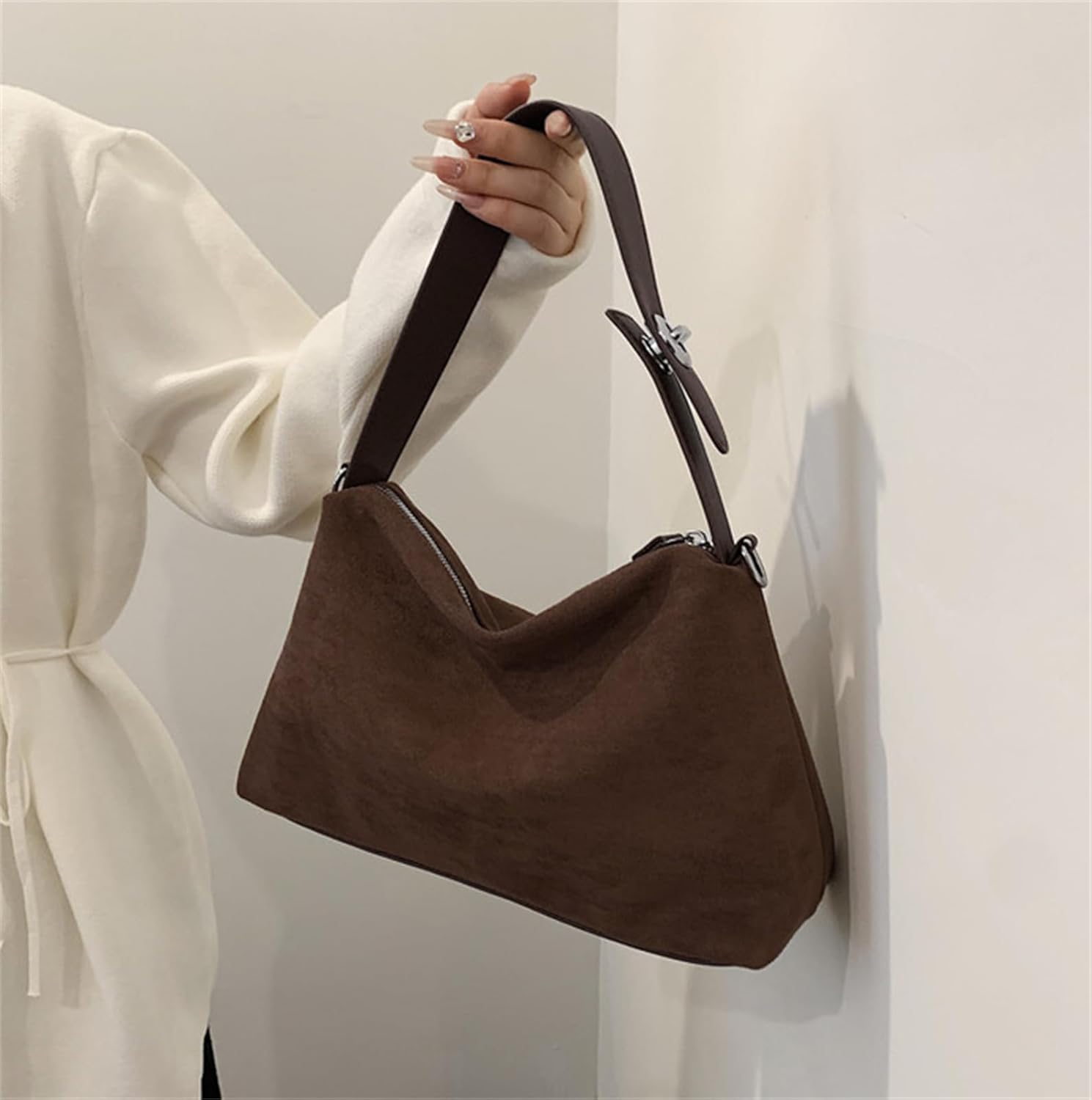 Suede Shoulder Bags For Women Crossbody Bag Suede Tote Bag Satchels Slouchy Work Purses Crescent Handbag Fall Top Handle