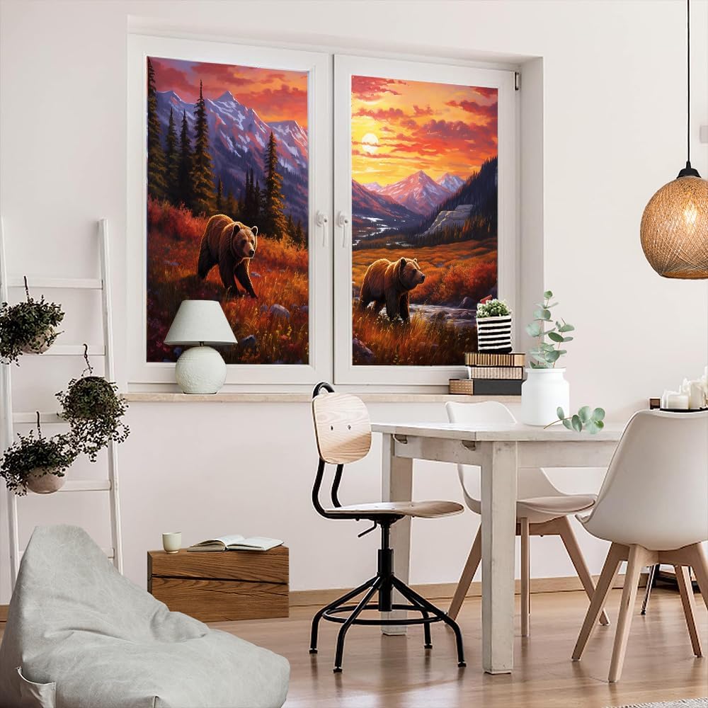 Country Rustic Bear Privacy Window Film Retro Mountains Sunset Nature Animal Stained Glass Window Coverings Adhesive Sticker Frosted Window Film for Home Office Stores 31.5Wx47.2L-inch x2 Pcs