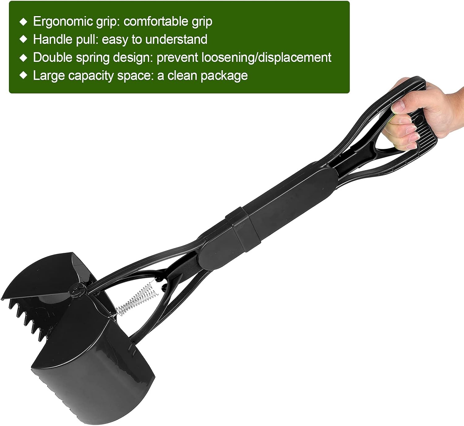 HURRISE Long Handle Pet Poop Scooper, 60cm Foldable Dog Waste Scoop with Bag, Black