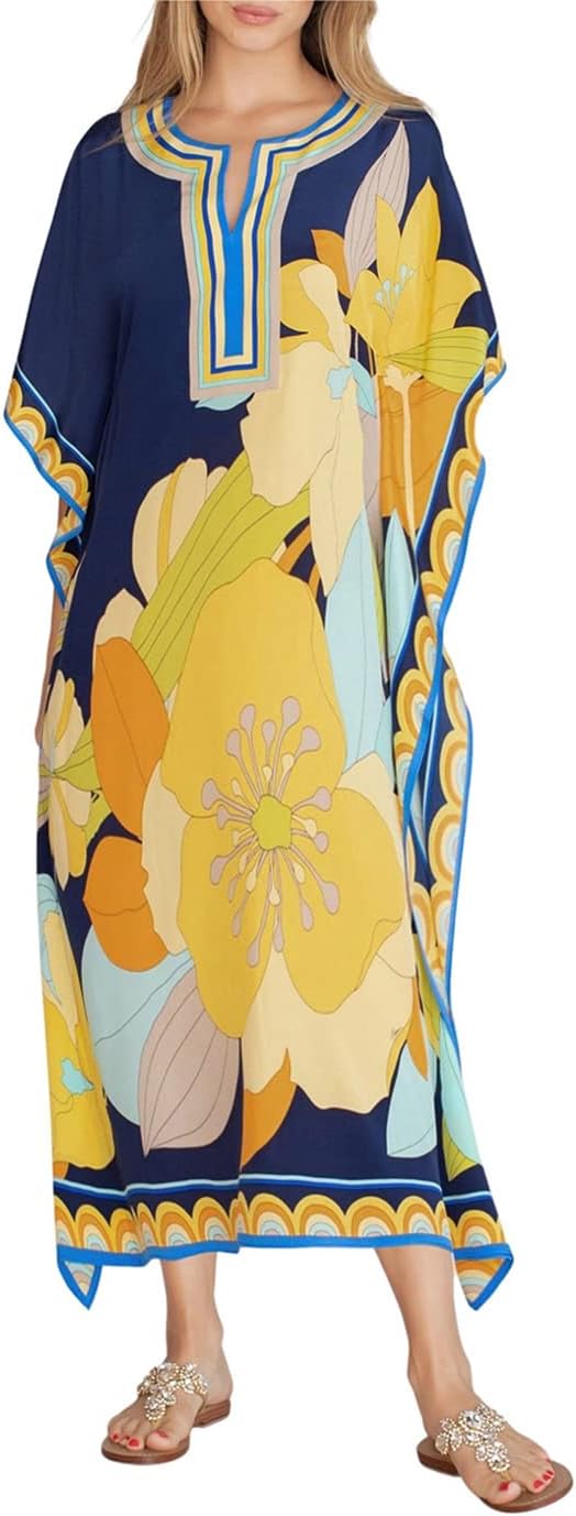 Eddoyee Women Long Print Kaftan Dresses V Neck Side Split Beach Caftans