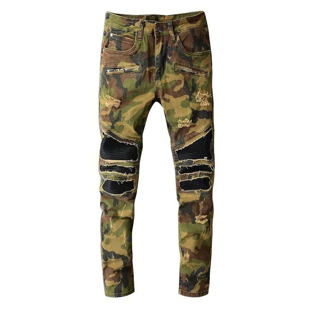 Amazon.com: RMGTZ Jeans estilo camuflaje para hombre, color negro, con  costuras rasgadas, pantalones de motociclismo, pantalones de mezclilla punk  para hombre, pantalones de hip hop para hombre (color: verde, talla: 36  código) :