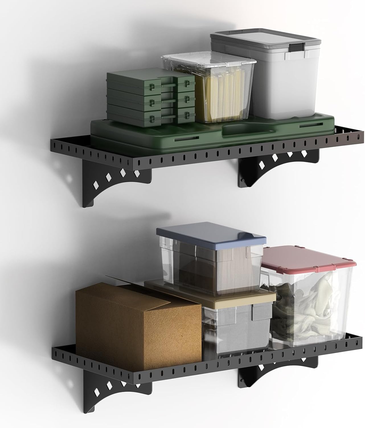 1X2 Ft Garage Wall Shelf, 2 Pack Heavy Duty Shelving, Wall Mounted Storage Rack, Black Metal Shelf Rack for Garage, Office, Basement and Kitchen Brakcet 1X2 FT 2 PACK