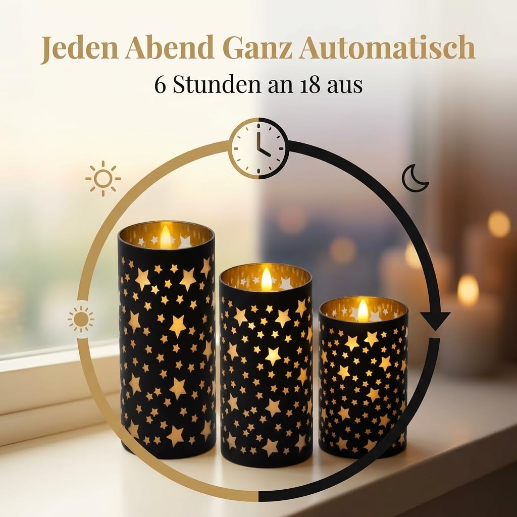 MIJOMA Set di 3 candele a LED, candele di cera con effetto fiamma e timer, bianco caldo, nero, con motivo a stelle, funzionamento a batteria